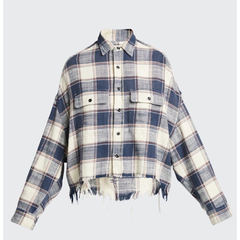 R13 Cropped Work Shirt Small ECRU Plaid Flannel Grunge Classic Japanese Fabric